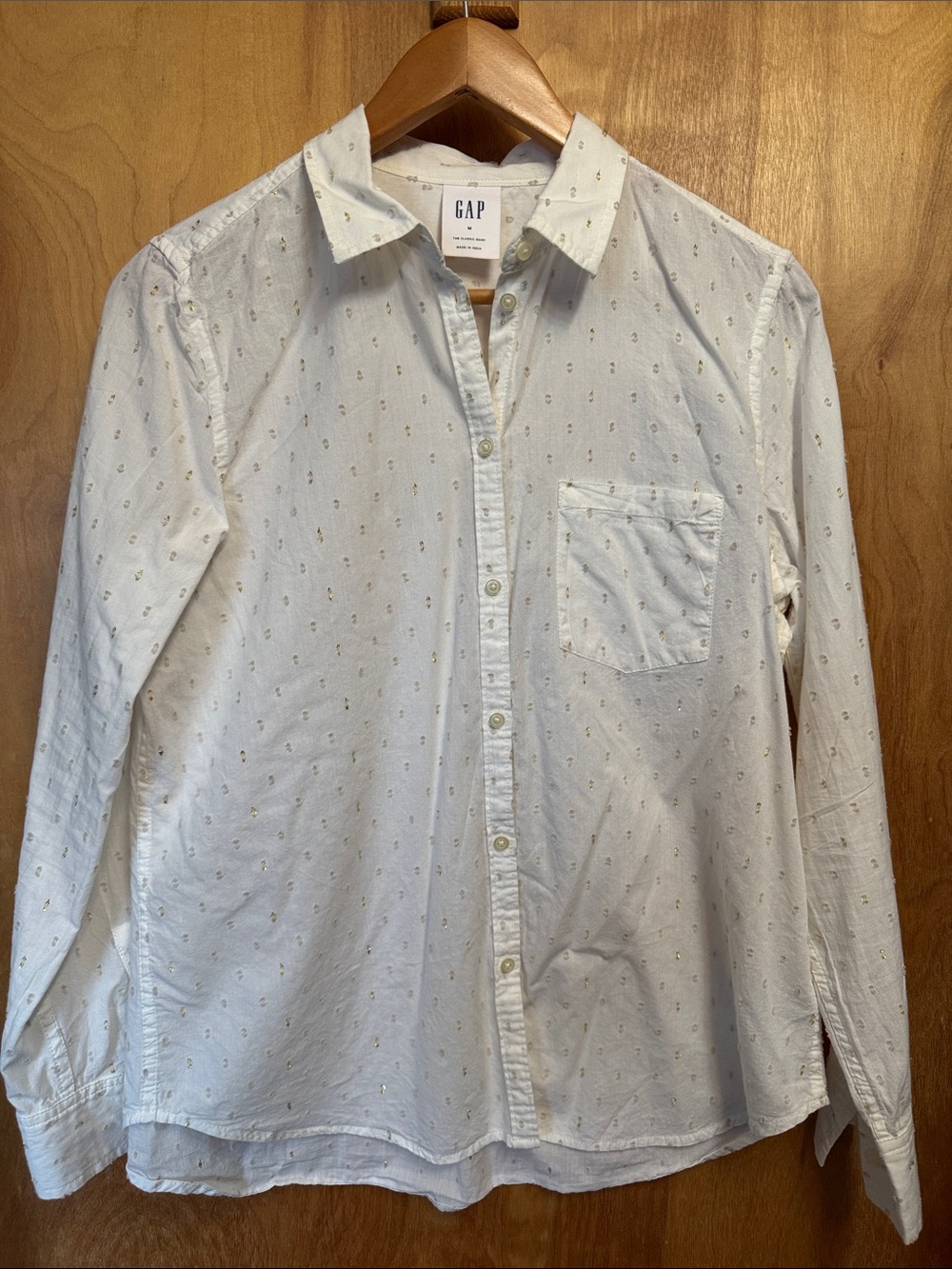 GAP White Button-Down Shirt with Tiny Gold Dot Pattern